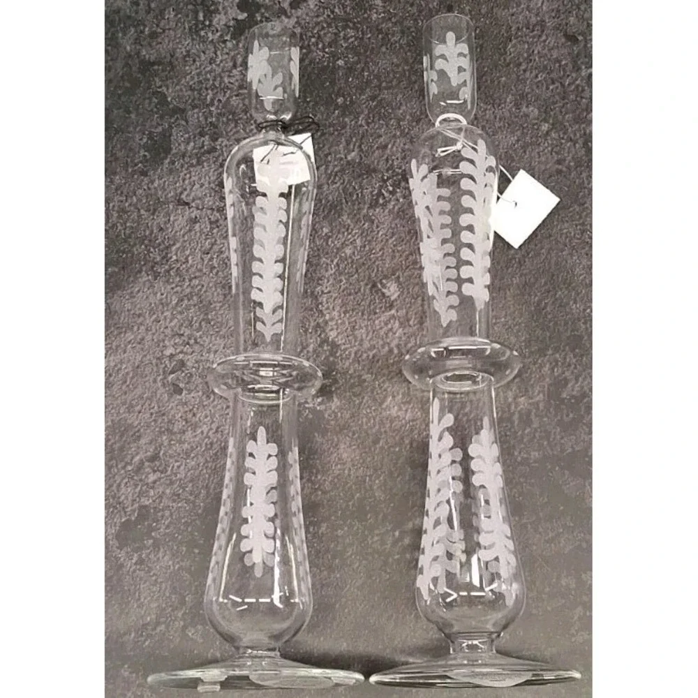 Pottery Barn Set of (2) Etched Glass Taper Candle Holders 13 Inches Tall NWT